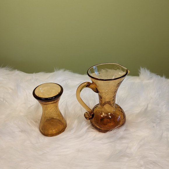 Vintage 1960's Amber Crackle Glass Pitcher and Vase (SET) - Picture 1 of 7